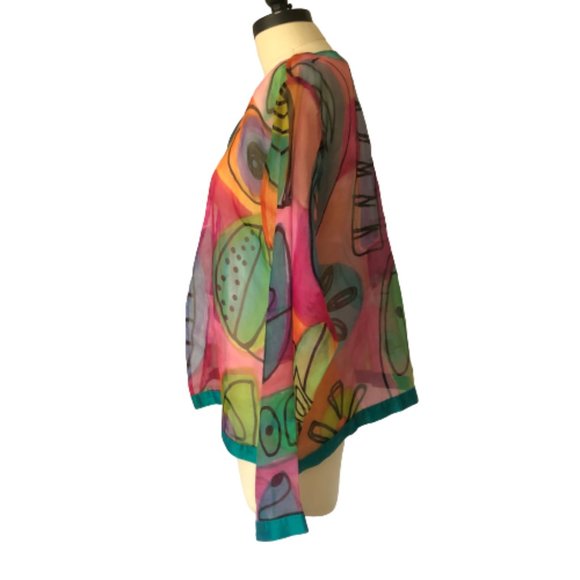 100% Silk Sheer Organza Hand Painted Colorful Top - Picture 11 of 15